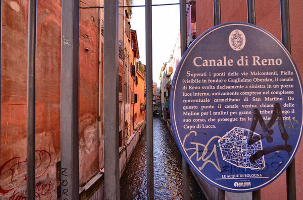 Bologna, Emilia Romagna, Italy. December 2018. A hidden part of the city reminiscent of Venice! The Rhine canal runs between the houses giving a very similar image. All tourists stop to admire it.