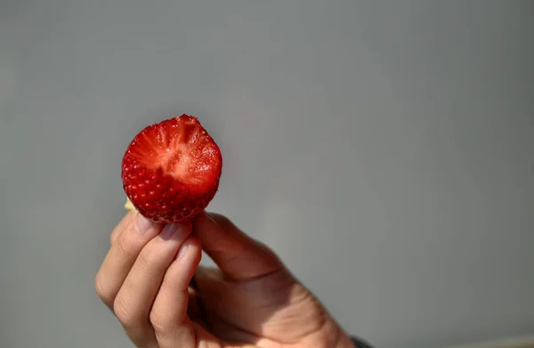 Hand stützt eine Erdbeere — Stockfoto