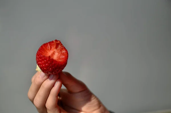 Hand stützt eine Erdbeere — Stockfoto