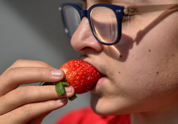 Kaukasisches Kind mit Brille, das eine Erdbeere isst — Stockfoto