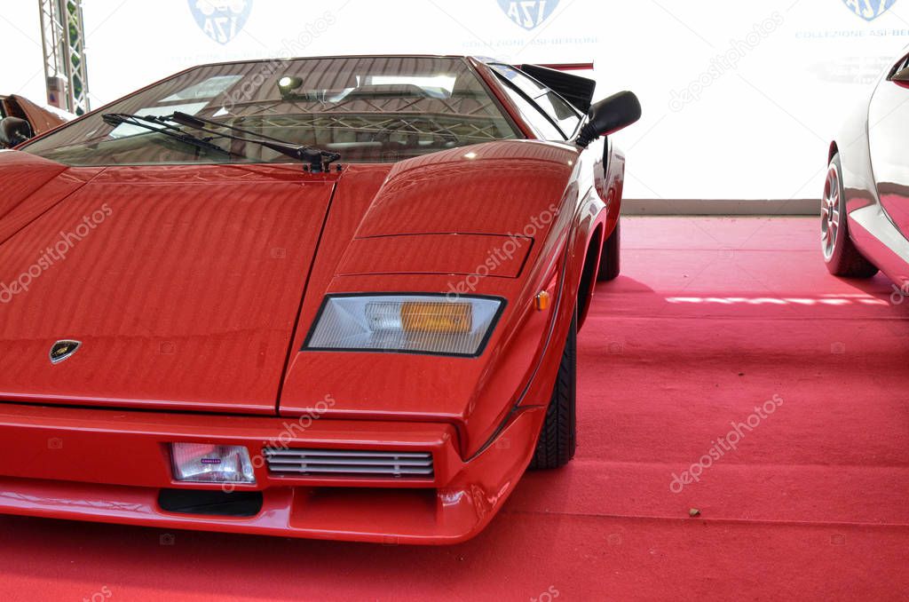 Turin, Piedmont, Italy. June 2018. At the Valentino park, the motor show. Details of the Lamborghini Countach, a vintage model with an extremely futuristic line!
