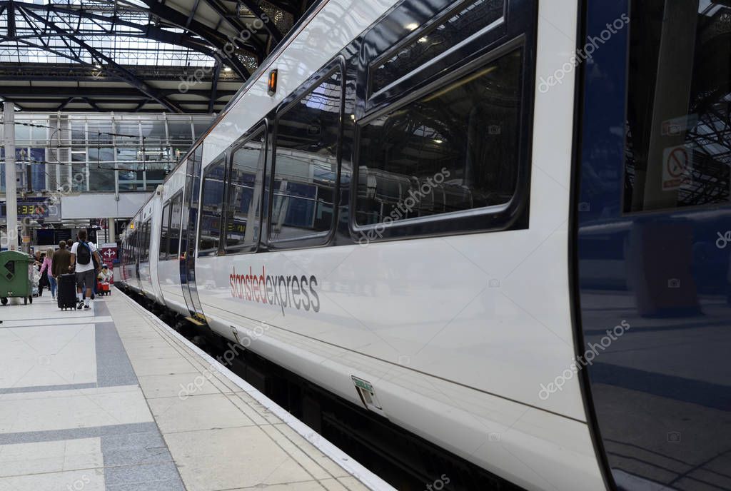 Liverpool street station, London United Kingdom, June 14 2018. From Stansted Airport the Stansted Express train takes travelers to London Liverpool station. It is located in the heart of the city.