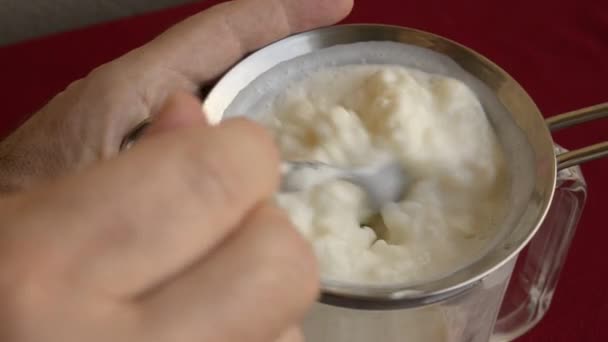 Close Shot Kefir Granules Hands Boy Gently Holding Them Hands — Stock Video