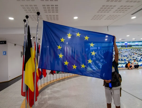 Bruselas Bélgica Agosto 2019 Sede Del Parlamento Europeo Las Banderas — Foto de Stock