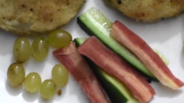 Asian Food Plate Burger Fruit Vegetables Salad Serving — Stock Video
