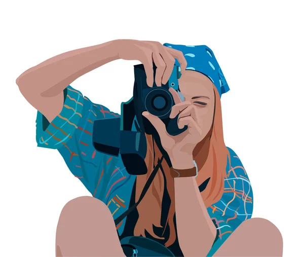 Illustration Vectorielle Réaliste Une Fille Qui Prend Des Photos Sur — Image vectorielle