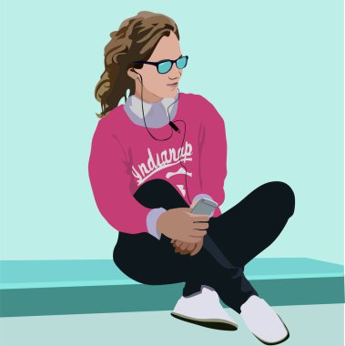 Güzel bir genç kız müzik dinliyor gerçekçi vektör çizim
