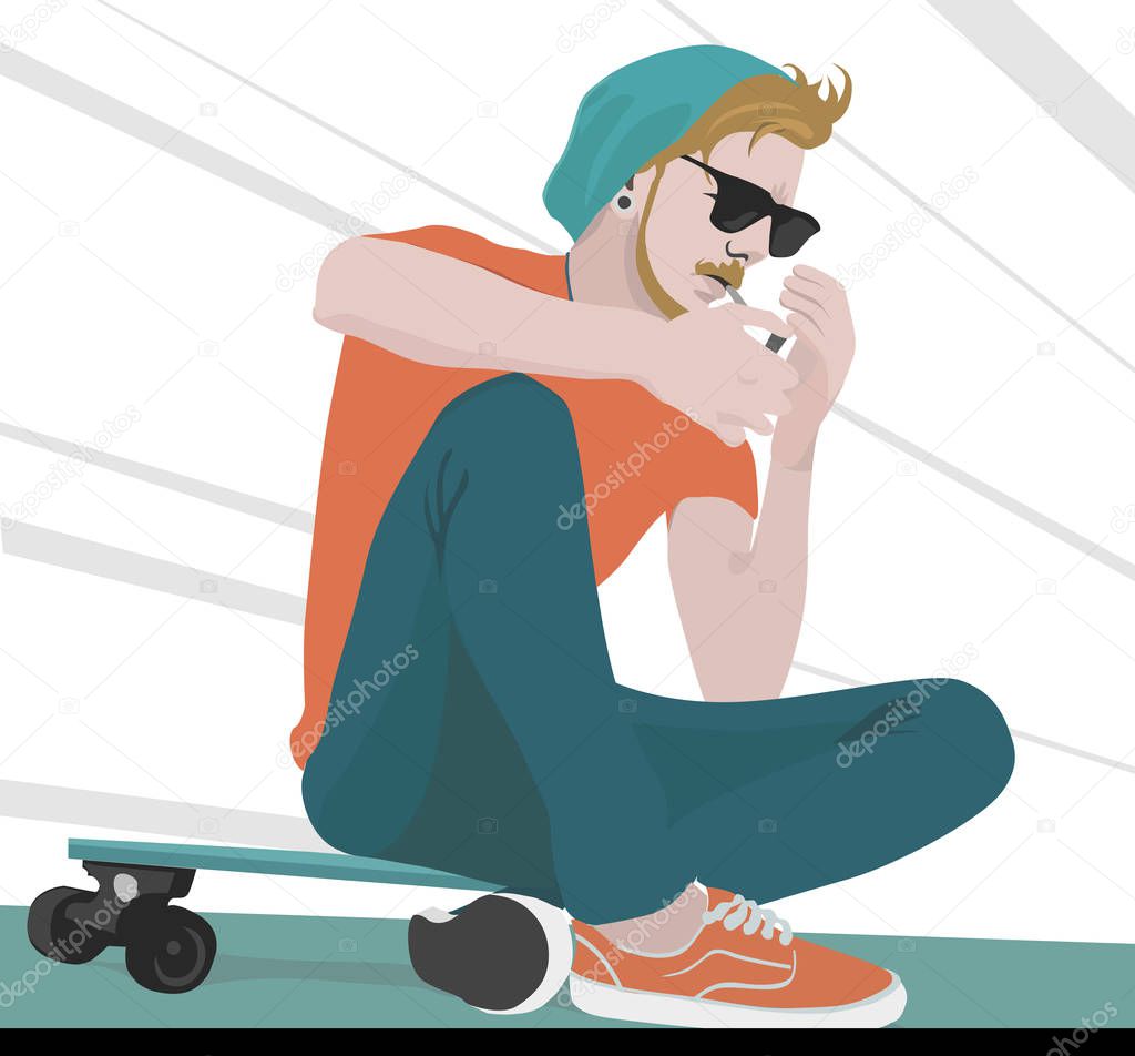 guy sitting on a skateboard and smoking