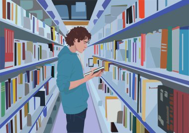 Vektör gerçekçi çizim, adam Kitaplığı'nda, bir kitap izlerken okuma