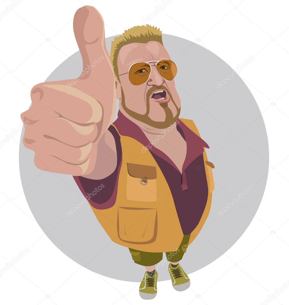 Bearded brutal man showing thumbs up, sign of approval, realistic vector illustration