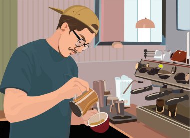 Bir kafede Barista gerçekçi vektör çizim