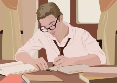 Vector realistic illustration of a student who is sitting at the table preparing for the exam clipart