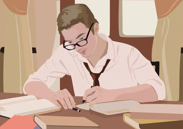 Sınava Hazırlanıyor Masada Oturan Bir Öğrenci Vektör Gerçekçi Çizim — Stok Vektör