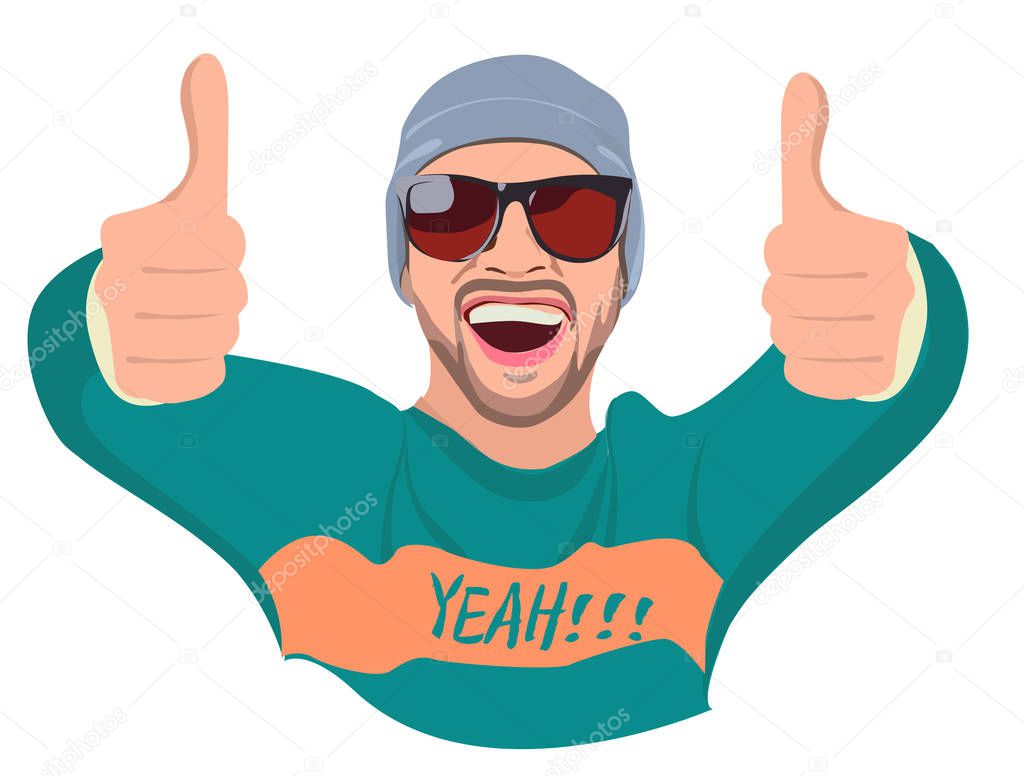 Vector stylized illustration. Surprised emotional guy shows cool gesture, finger up