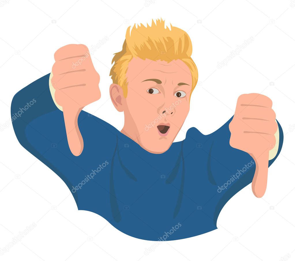 Realistic vector illustration. Guy shows finger down gesture
