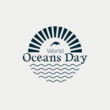 Dalgalar, güneş ve yunuslar ile dünya okyanus günü modern kavram tek renkli logosu. Vektör çizim Eps10.