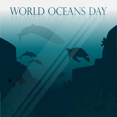 Beautiful concept poster or banner for the World Oceans Day with ocean flora and fauna. Vector illustration EPS10.