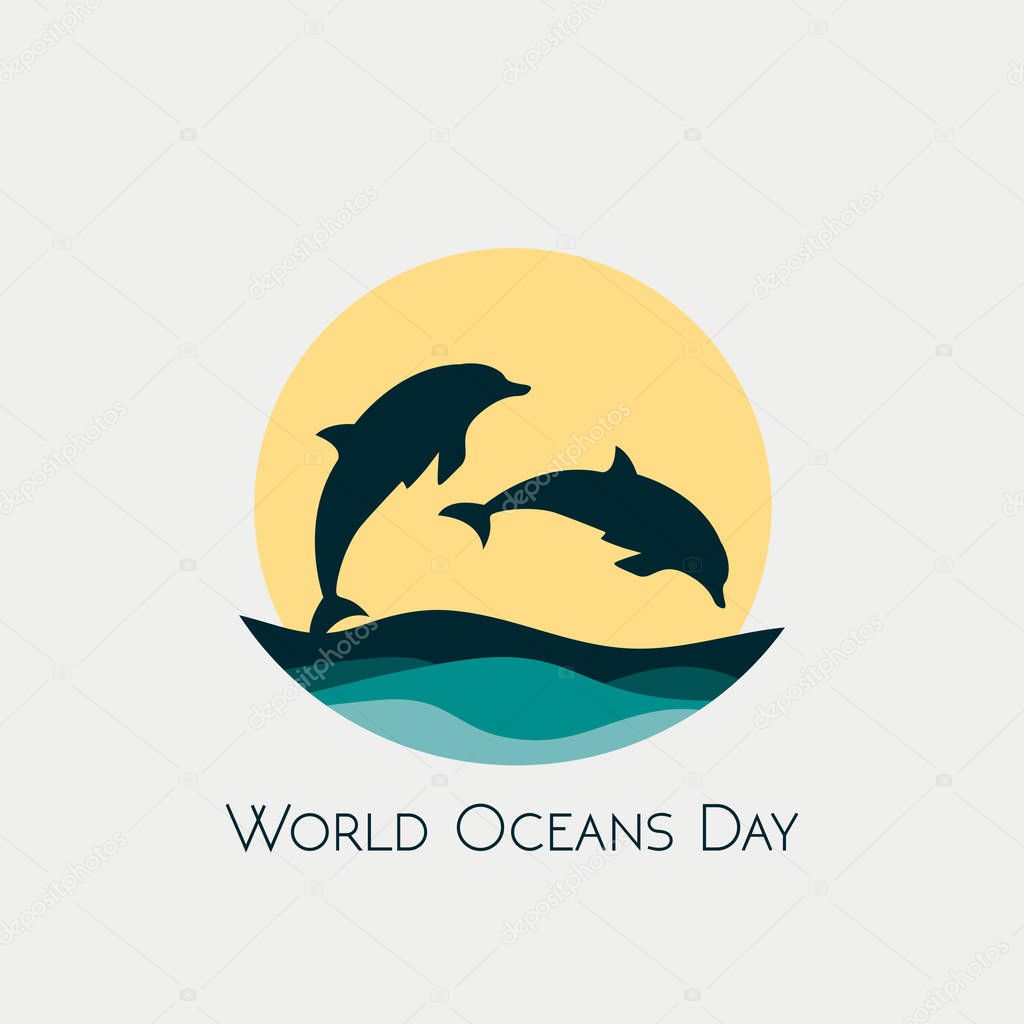 World Oceans Day card background. Vector illustration with wave and dolphins.