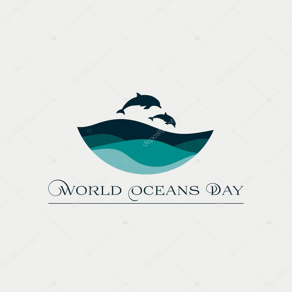 Beautiful concept card for the World Oceans Day with waves and dolphins. Vector illustration EPS10.