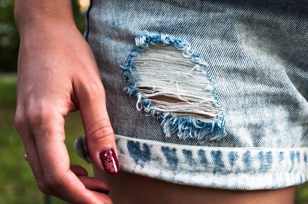 Denim Theme Style Denim Shorts Flaw Girl Red Manicure — Stock Photo, Image