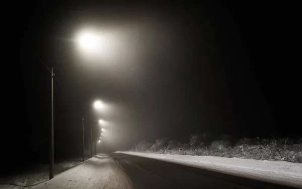 Verlichting Van Weg Nacht Winter Mist Winter Weg Middelpunt Van — Stockfoto