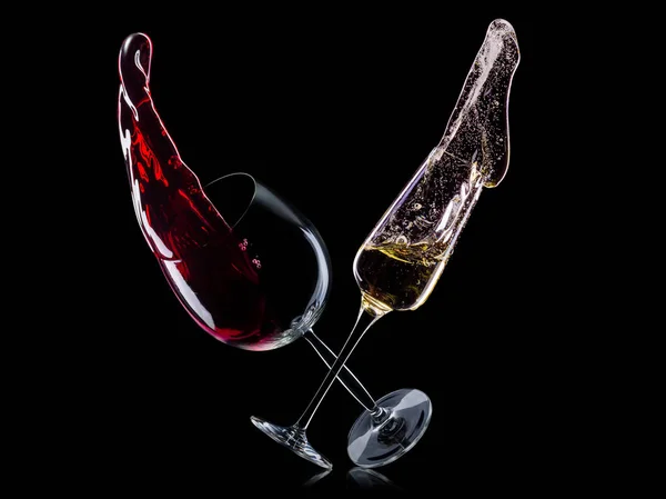 Set von Wein- und Sektgläsern auf isoliertem schwarzem Hintergrund — Stockfoto