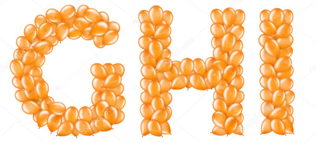 Set of orange letters from helium balloons part of English alphabet.
