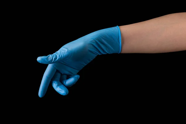Doctor Hand Medical Gloves Touching Screen Finger Isolated Black Background — Stock Photo, Image