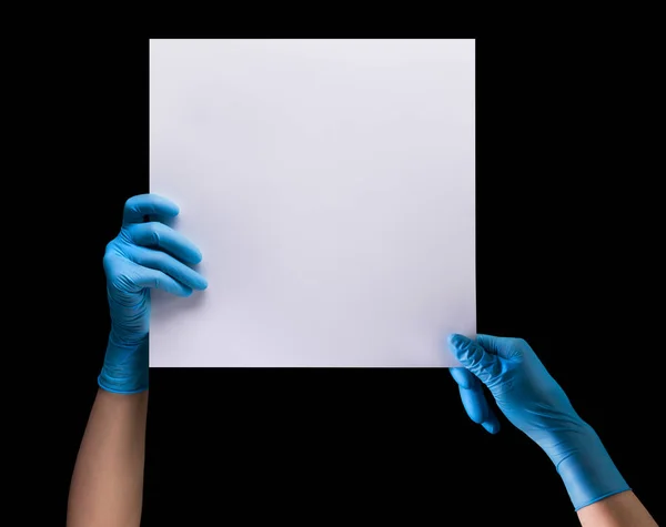 Doctor Hand Sterile Medical Gloves Holding Banner Isolated Black Background — Stock Photo, Image