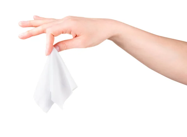 Mulher mão usar toalhetes molhados antibacterianos ou tecido isolado em um fundo branco — Fotografia de Stock