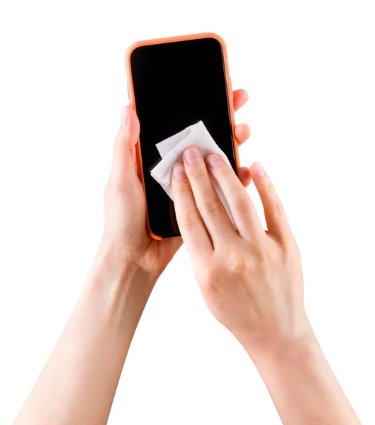 Woman hand clean mobile phone by wet wipe isolated on white background — Stock Photo, Image