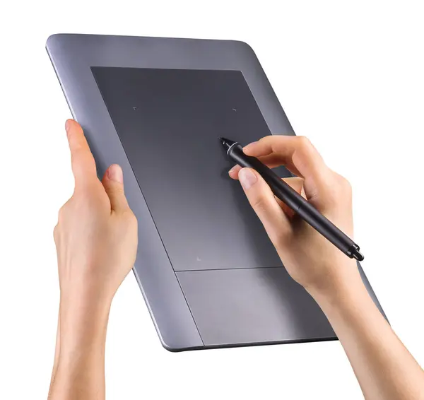 Hand mit digitalem Grafikstift und Zeichengrafik-Tablet isoliert auf Weiß — Stockfoto