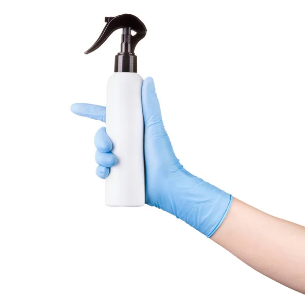 Doctors hand in medical gloves use antibacterial spray sanitizer on white — Stock Photo, Image