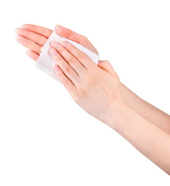 Donna mano utilizzare salviettine umidificate antibatteriche o tessuto isolato su uno sfondo bianco — Foto Stock