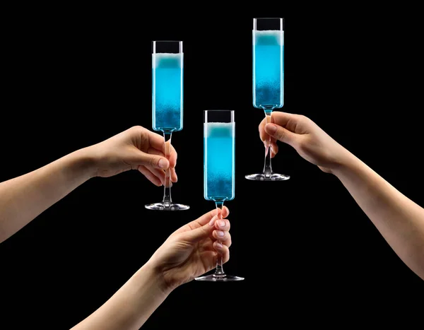 Set Hands Olding Glass Blue Sparkling Champagne Isolated Black Background — Stock Photo, Image