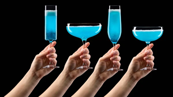 Set Hands Olding Glass Blue Sparkling Champagne Isolated Black Background — Stock Photo, Image