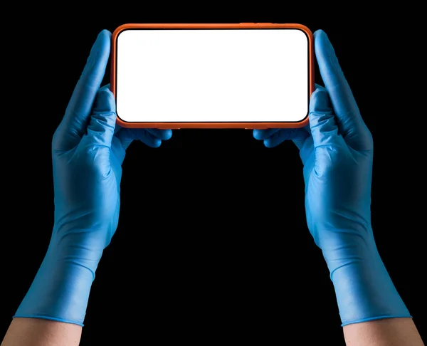 Doctor Hand Sterile Medical Gloves Holding Phone Playing Games Isolated — Stock Photo, Image