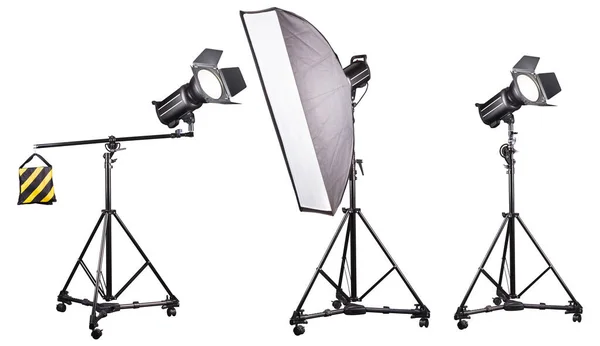 Studio Lighting Stands Flash Softbox Isolated White Background Elements Professional — Stock Photo, Image