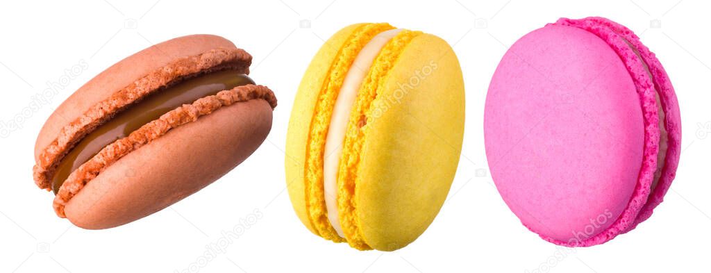 Set of colorful french macaroon isolated on white background.