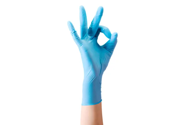 Χέρι Του Γιατρού Αποστειρωμένα Ιατρικά Γάντια Χειρονομία Εντάξει Γράμμα Απομονώνονται — Φωτογραφία Αρχείου