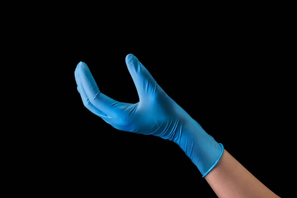 Doctor Hand Sterile Medical Gloves Showing Something Isolated Black Background — Stock Photo, Image