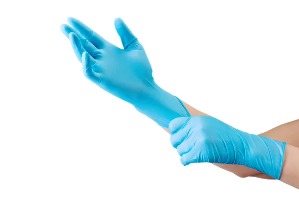 医生戴着医用手套 双手隔离在白色背景下 有剪路 防止大流行病和病毒的概念 — 图库照片