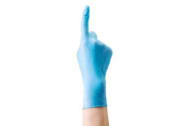 Doctors hand in sterile medical gloves pointing up isolated on white clipart