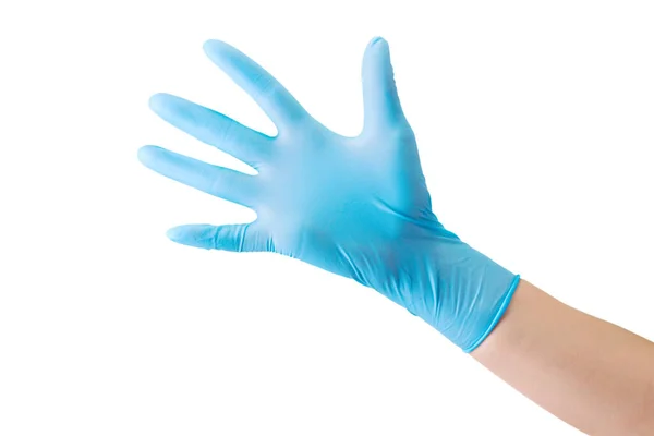 Médicos mano en guantes médicos mostrando palma aislada en blanco —  Fotos de Stock