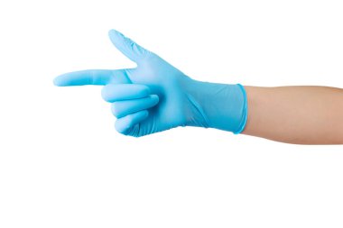 Doktorlar tıbbi eldivenleri beyaz üzerine izole edilmiş, parmak ucuyla işaret ediyor.