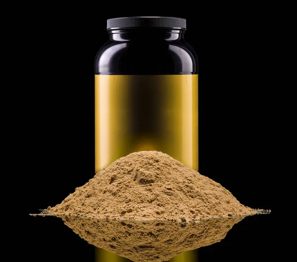 Plastic jar of sport nutrition like whey protein casein, bcaa on heap of powder — Stock Photo, Image