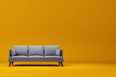 Grey couch with pillows on studio yellow background. 3D rendering and illustration of sofa clipart