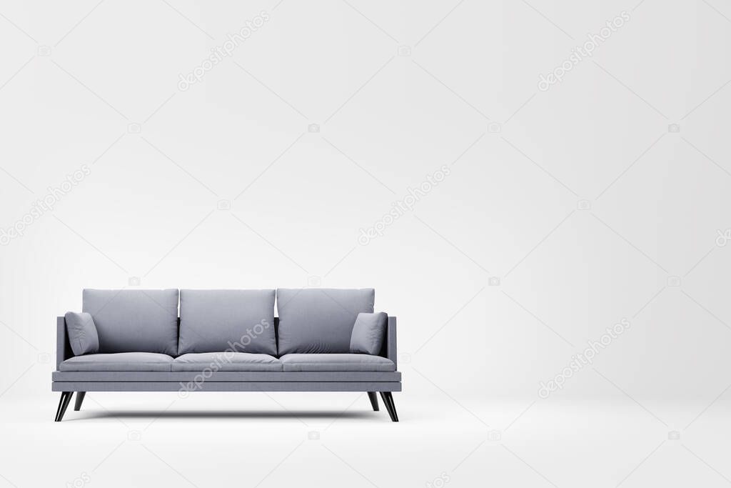 Grey couch with pillows on studio white background. 3D rendering and illustration of sofa