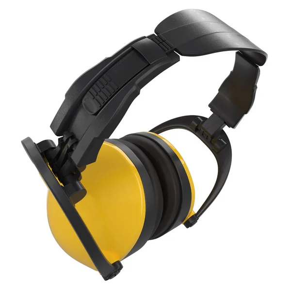 带剪裁路径的白色隔离的黄色保护性耳机口罩. — 图库照片
