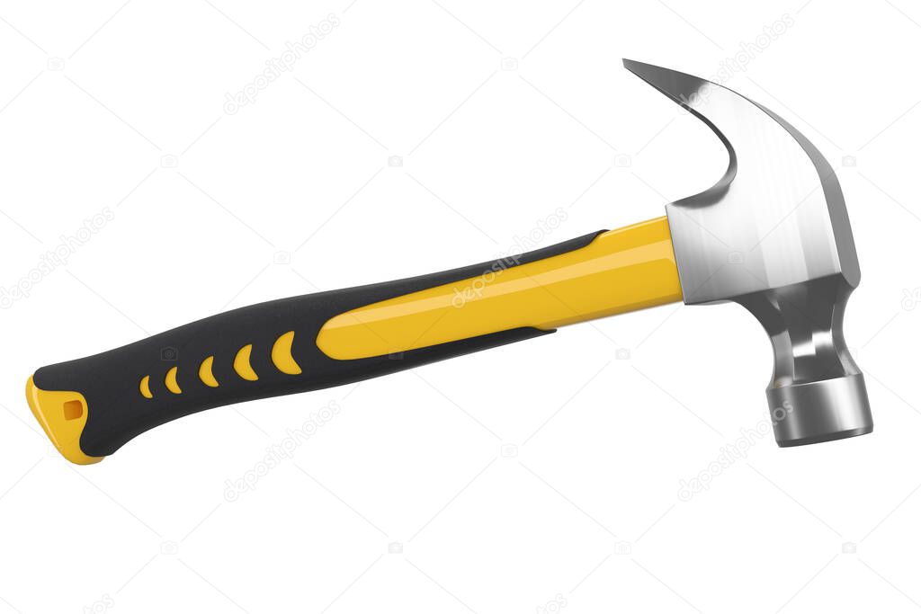 Black and yellow hammer with a rubberized handle isolated on white